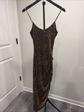 NWOT Brown/black shimmer Animal-Print Maxi Slip Dress with side cut